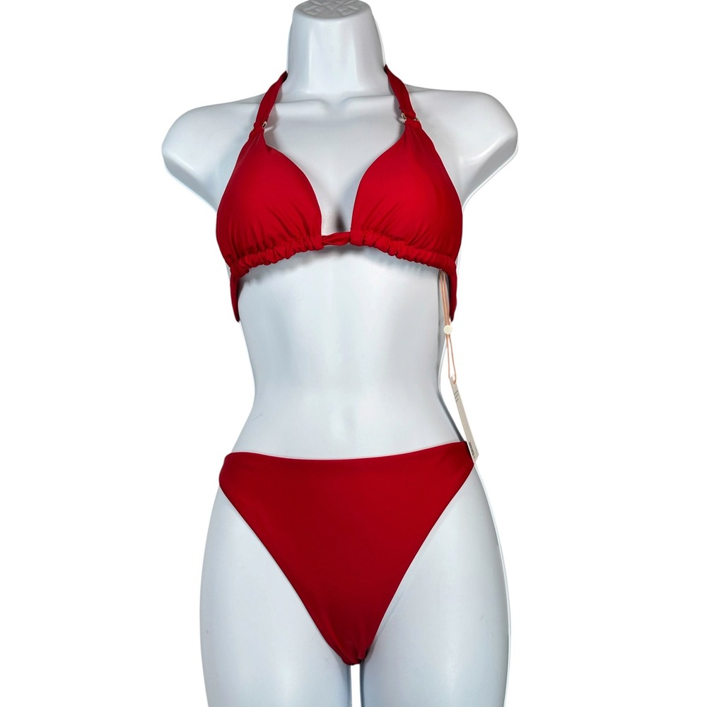 NWT Quince  Bikini Medium Italian Triangle Top and Low Rise Bottoms Cherry Red‎
